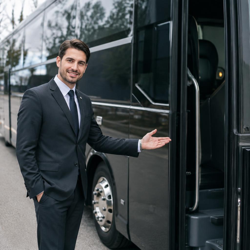 Chauffeur professionnel CAR NET en costume accueillant les passagers