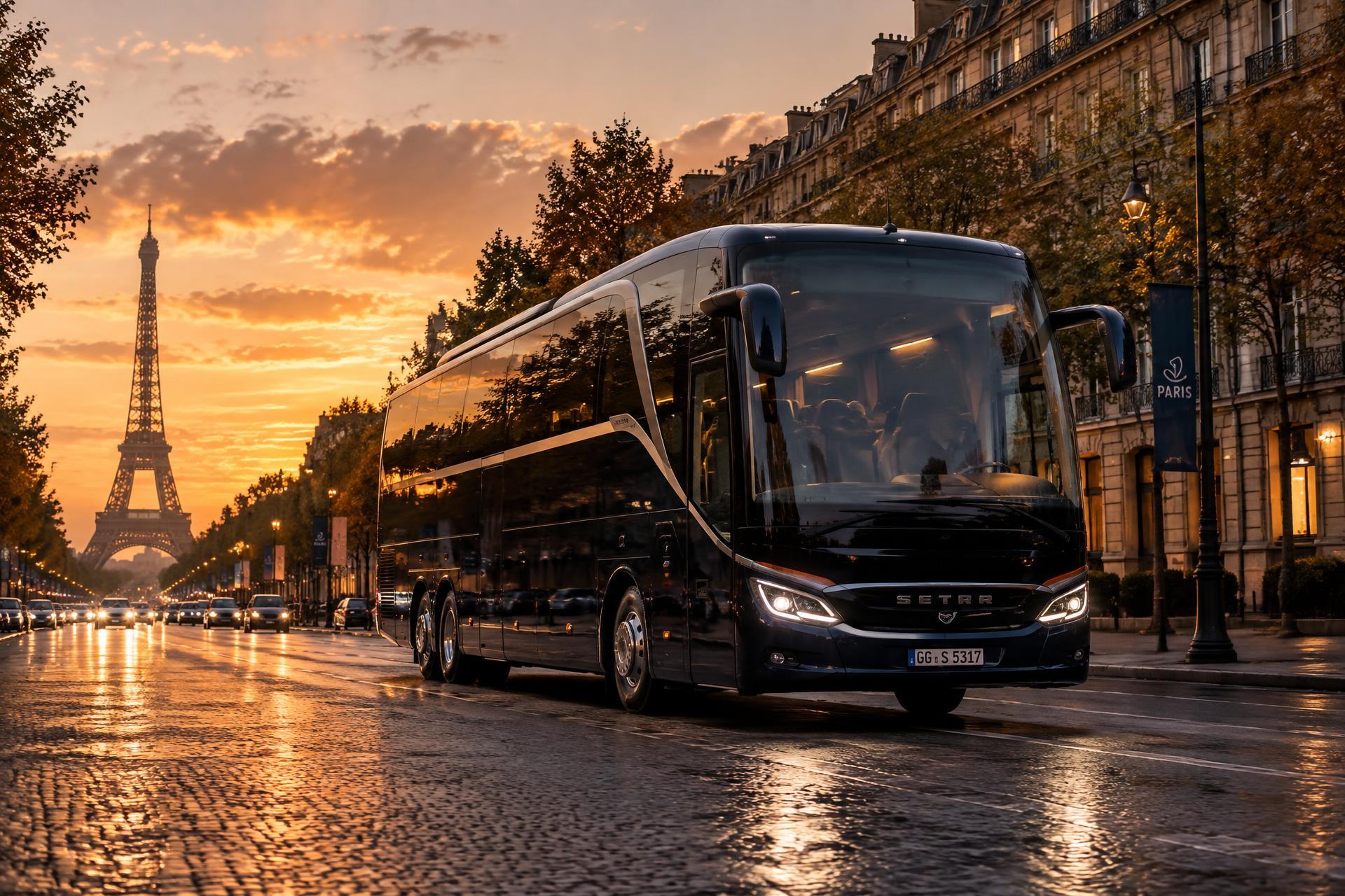 Autocar de grand tourisme premium CAR NET dans une avenue parisienne au crépuscule