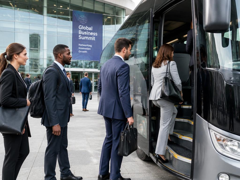 Participants d'une convention embarquant dans un autocar devant un centre de congrès