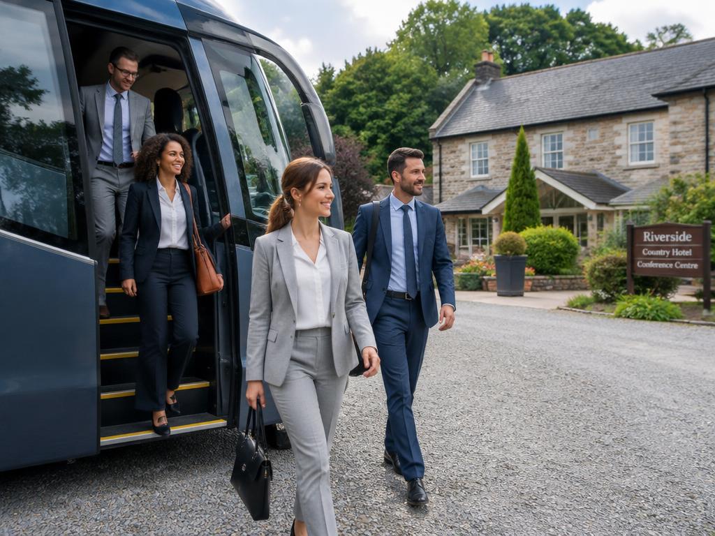 Collaborateurs descendant d'un autocar devant un hôtel de séminaire